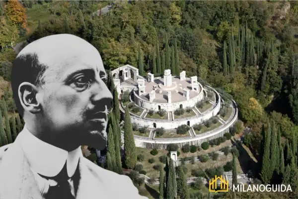 Ritratto di Gabriele D'Annunzio sovrapposto al Vittoriale degli Italiani a Salò, un complesso monumentale immerso nel verde.