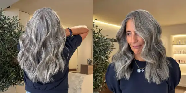 Magnifique coloration sur cheveux gris, avec des reflets argentés et des ondulations douces. Une allure élégante et moderne.