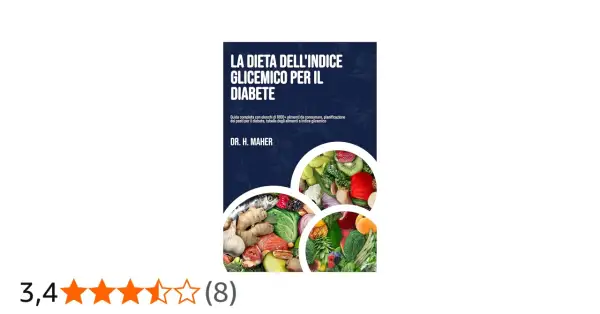 Copertina libro "La dieta dell'indice glicemico per il diabete" con immagini di frutta, verdura e pesce. Include una tabella indice glicemico.