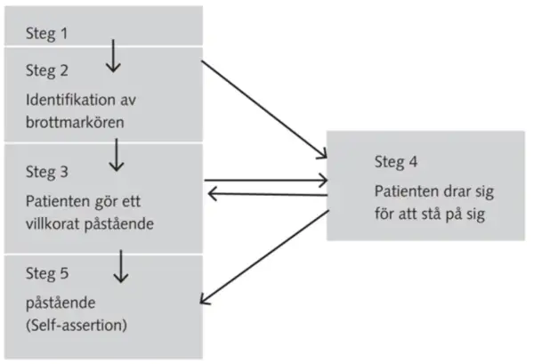Flödesschema visar steg för patientens självhävdelse, med fokus på dynamik mellan personer.
