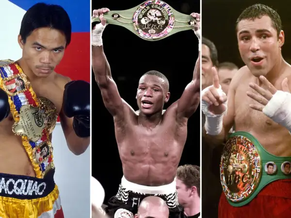 Manny Pacquiao, Floyd Mayweather, and Oscar De La Hoya, three of the best P4P boxers of all time, celebrate championship wins with their belts.