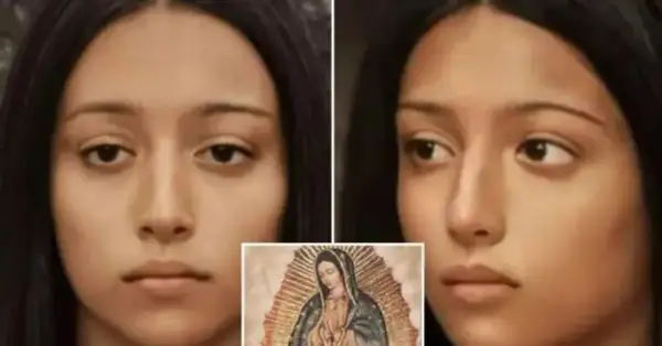 Rekonstrukcja twarzy Maryi z Guadalupe. Obok tradycyjny wizerunek Matki Boskiej.