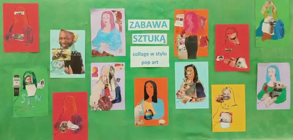 Kolaże w stylu pop-art przedstawiające postacie z psami, twarzami i elementami popkultury. Zabawa sztuką w wydaniu dziecięcym.