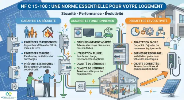 Infographie expliquant la norme électrique NF C 15-100 pour la sécurité, le bon fonctionnement et l'évolutivité du logement.