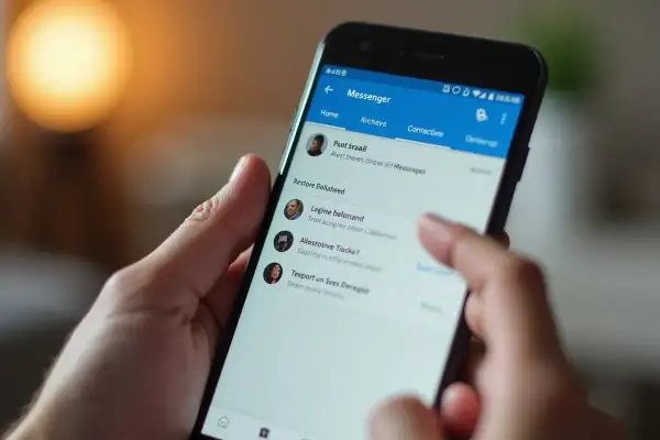 Palec dotyka ekranu telefonu, pokazując listę zarchiwizowanych czatów na Messengerze. Dowiedz się, jak przywrócić zarchiwizowany czat na Messengerze.