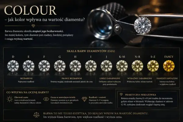 Skala barw diamentów GIA od D do Fancy. Im mniej koloru, tym wyższa wartość i rzadkość, a **kolor diamentowy** jest kluczowy.