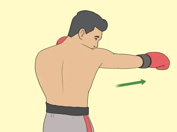 A boxer demonstrates how to roll their shoulders to evade a punch, with a green arrow indicating the direction of movement.