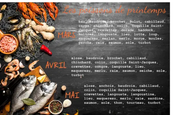 Poisson du mois de mai : turbot, sole, thon, tourteau, sardine, raie, merlu, maquereau, langoustine, langouste, crevettes, coquille Saint-Jacques, colin, baudroie, anchois, alose.
