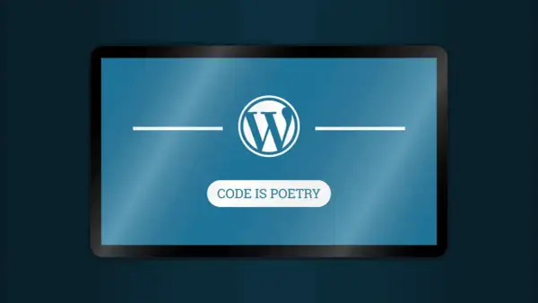 Logo WordPress na ekranie tabletu. Pod nim napis "CODE IS POETRY". To jest właśnie wordpress co to.