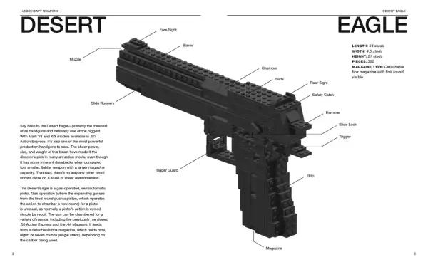 Model pistoletu Desert Eagle z klocków, z widocznymi elementami jak lufa, magazynek, spust. Instrukcja jak zrobić pistolet z klocków.