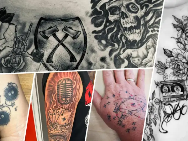 Collage mit verschiedenen Tattoo-Motiven: Totenkopf, Äxte, Mikrofon, Spielkarten, Kassettenband, Blumen und kleine Figuren. Ein Tattoo-Reisen-Symbol könnte hier die Vielfalt der Kunst darstellen.