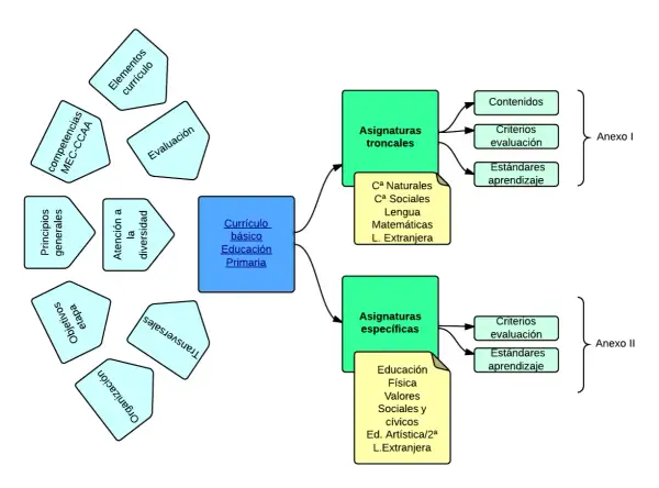 Esquema LOMCE: el currículo básico de Educación Primaria se estructura en asignaturas troncales y específicas, con contenidos, criterios y estándares de aprendizaje.