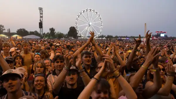Menschen jubeln beim Highfield Festival Leipzig. Ein Riesenrad leuchtet im Hintergrund.
