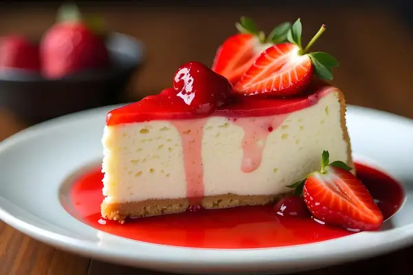 Ein Stück cremiger Strawberry Cheesecake mit frischen Erdbeeren und rotem Fruchtgelee auf einem weißen Teller.