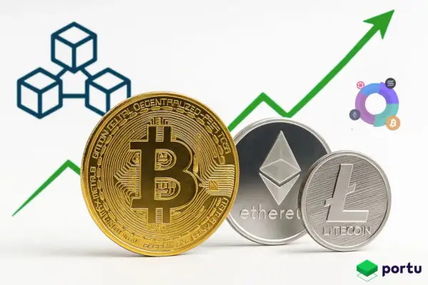 Monety Bitcoin, Ethereum i Litecoin na tle rosnącego wykresu. Obrazek wyjaśnia, co to kryptowaluta i jej potencjalny wzrost.