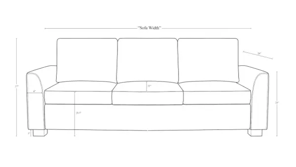 Line drawing of a sofa with dimensions. Key couch dimensions shown: 37" height, 25" seat height, 22" seat depth, 38" arm height, and "Sofa Width".