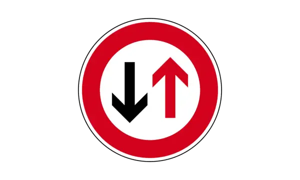 Verkehrsschild: Vorfahrt für den Gegenverkehr. Ein roter Kreis mit weißem Grund zeigt einen schwarzen Pfeil nach unten und einen roten Pfeil nach oben.