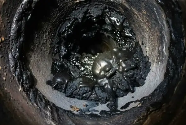 Gros amas de suie et de goudron fondu, vestiges d'un feu de cheminée.