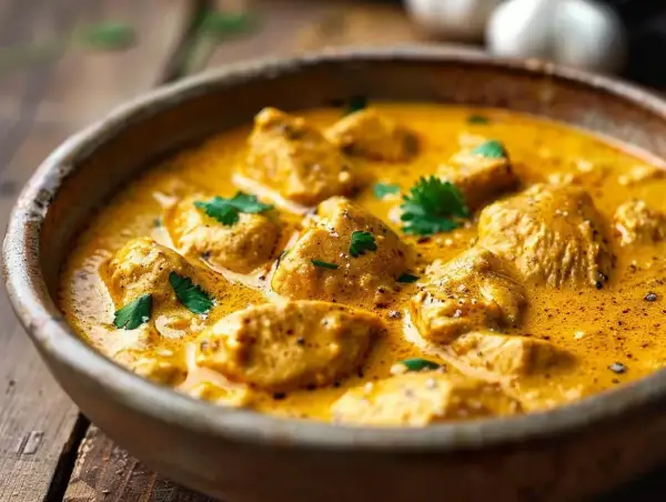 En skål med krämig kyckling i en gyllene currysås, toppad med färsk koriander. En härlig rätt med kyckling i curry.