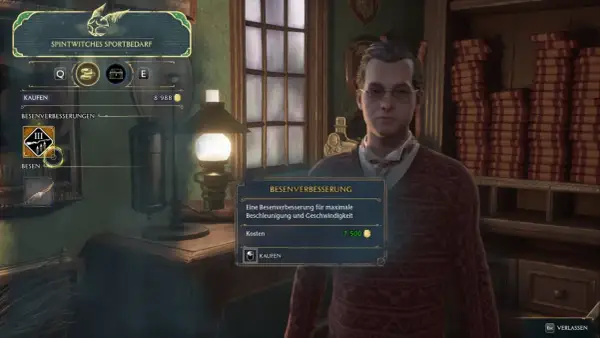 Im Spiel Hogwarts Legacy kannst du hier deinen Besen verbessern, um maximale Beschleunigung und Geschwindigkeit zu erreichen.