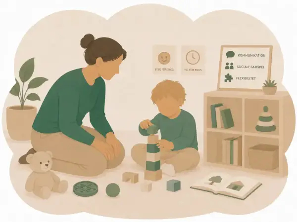 En vuxen leker med ett autism barn med klossar. På väggen syns ord som kommunikation och socialt samspel.