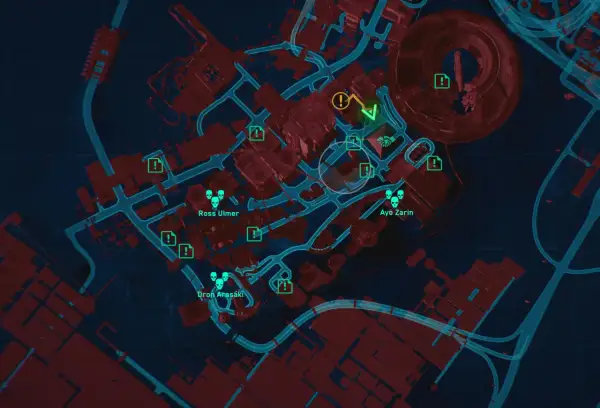 Mapa z gry Cyberpunk 2077. Widoczne ikony misji, wrogów (czaszki) i punktów zainteresowania. Wskazuje drogę do **cyberpunk widmo wolności zakończenia**.