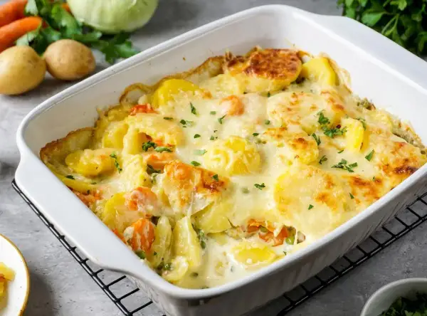 Herzhaftes Auflaufgericht mit Kartoffeln, Karotten und Erbsen, überbacken mit Käse und garniert mit Petersilie. Ein Klassiker der Gerichte mit Kartoffeln.