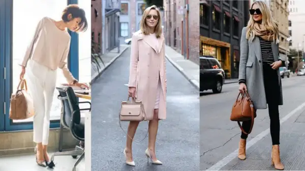 Trzy kobiety prezentują styl coquette: jedna w biurowym stroju, druga w pudrowym płaszczu, trzecia w szarym płaszczu i szalu.