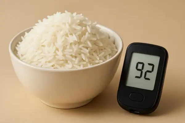 Ciotola di riso basmati accanto a un glucometro che mostra 92. Un promemoria visivo sul riso basmati indice glicemico.