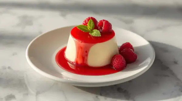 Délicieuse panna cotta italienne, nappée de coulis de framboise et garnie de fruits rouges frais. Une vraie recette gourmande.