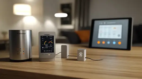 Sur une table en bois, une passerelle Netatmo et ses accessoires connectés, dont un écran affichant des données environnementales, sont prêts à gérer votre maison intelligente.