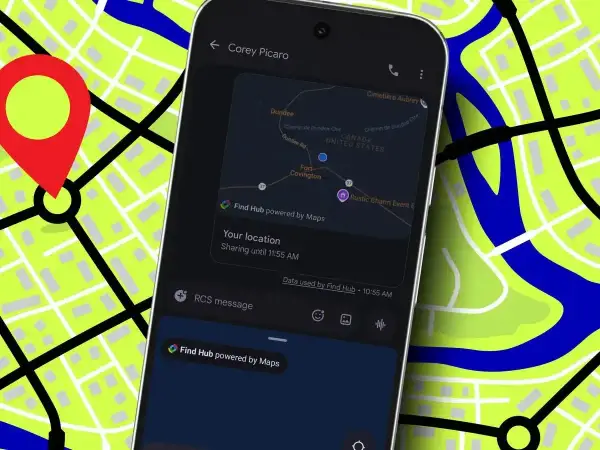 Telefon pokazuje, jak udostępnić lokalizację przez Find Hub. Widoczna jest mapa z zaznaczonym punktem i informacją o udostępnianiu.
