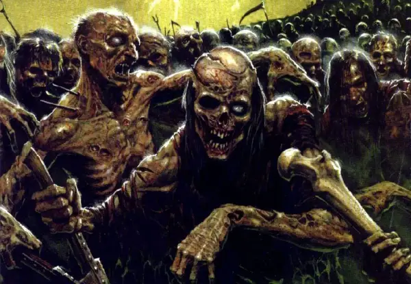 Przerażająca horda ludzi zombie, z rozkładającymi się ciałami i pustymi oczami, zbliża się w mroku.