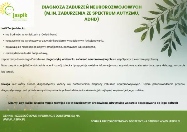 Diagnoza zaburzeń neurorozwojowych, w tym spektrum autyzmu i ADHD. Zapraszamy na diagnostykę, gdy rozwój dziecka budzi obawy.