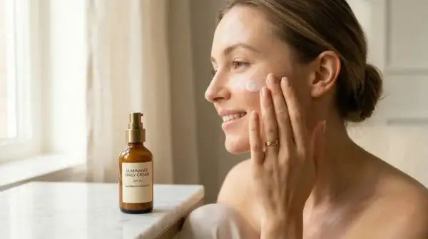 Kobieta aplikuje krem z filtrami chemicznymi SPF 30. Delikatna pielęgnacja dla promiennej skóry.