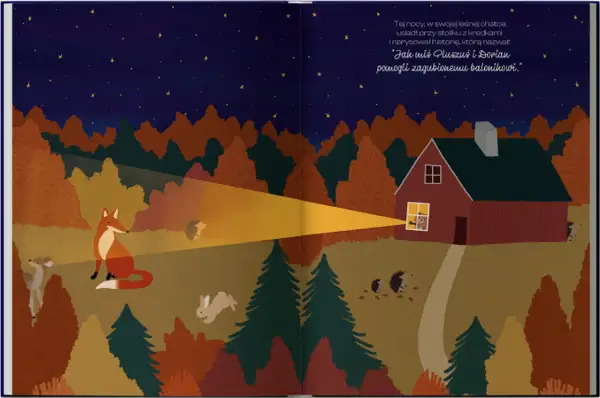 Ilustracja nocnego lasu z chatką, lisem, sarną, króliczkiem i jeżami.
