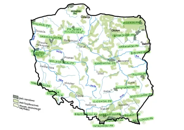 Mapa Polski z zaznaczonymi parkami narodowymi i krajobrazowymi. Odkryj piękno przyrody w parkach krajobrazowych w Polsce.