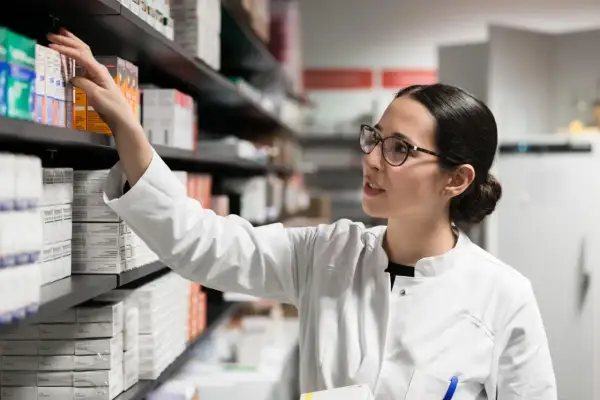 Farmaceutka w białym kitlu sięga po lek, być może pentoksyfilinę, z aptecznej półki pełnej opakowań.