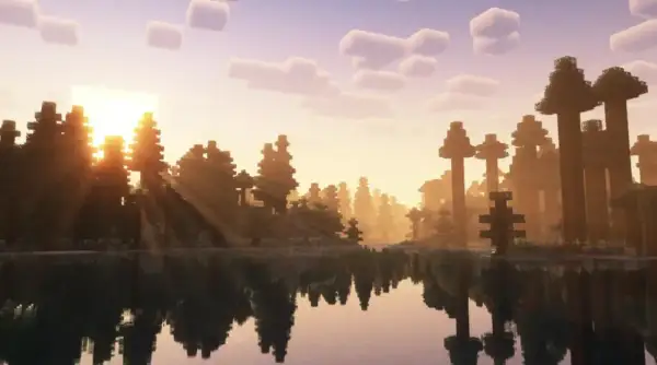 Piękny wschód słońca w Minecraft z promieniami przechodzącymi przez drzewa. Chcesz wiedzieć, jak wgrać shadery do Minecraft, by uzyskać taki efekt?
