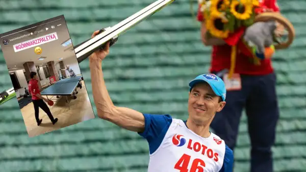 Kamil Stoch z paletką do tenisa stołowego, w tle zdjęcie z #gówniarzzpaletką.