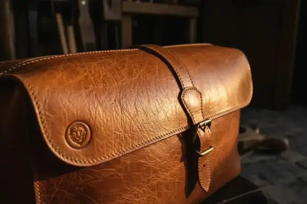 Sacoche en cuir brun, patiné par le temps, avec un fermoir et un logo lion gravé. Le cuir, c'est la qualité qui traverse les âges.