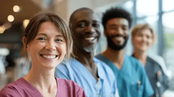 Ein lächelndes Pflegeteam in blauen Kitteln. Sie repräsentieren flexible Arbeitszeitmodelle Pflege Beispiele für ein motiviertes Team.