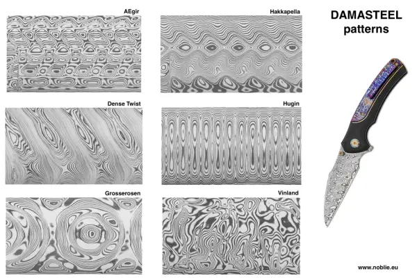 Vari motivi di damascato pittura su metallo, con nomi come AEgir, Hakkapella, Dense Twist, Hugin, Grosserosen e Vinland. Un coltello con lama damascata e manico decorato.