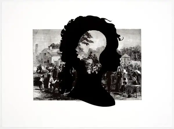 Kara Walker artwork: Black silhouettes of two profiles, one nested within the other, overlay a historical engraving of a bustling village scene with figures and buildings.