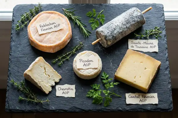 Plateau de fromages au lait de vache : Reblochon, Picodon, Chevrotin, Cantal Fermier et Sainte-Maure de Touraine.