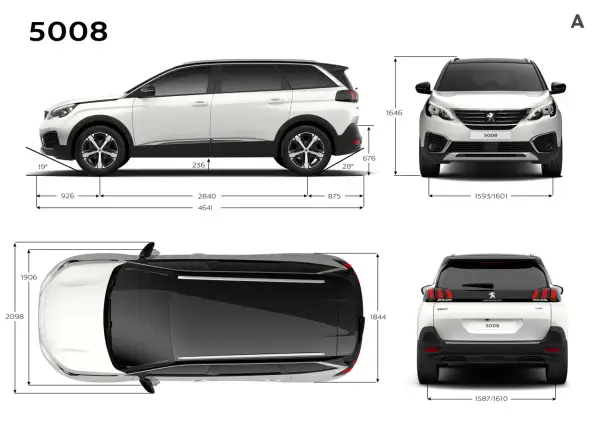 Peugeot 5008 wymiary: długość 4641 mm, szerokość 1844 mm, wysokość 1646 mm. Widok z boku, przodu, tyłu i z góry.