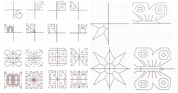 Ejemplos de simetría primaria en cuadrículas: formas geométricas, mariposas y estrellas.