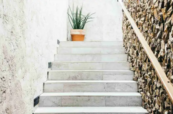 Escalier en marbre avec une plante en pot sur la première marche. Le carrelage de l'escalier, marche ou contremarche, est mis en valeur par un mur de pierres naturelles.