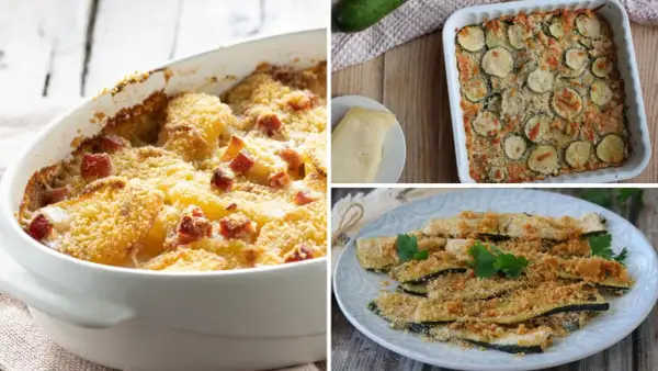 Tre deliziose varianti di zucchine al forno: una gratinata con patate e pancetta, una in teglia con fette tonde e una croccante a bastoncino.