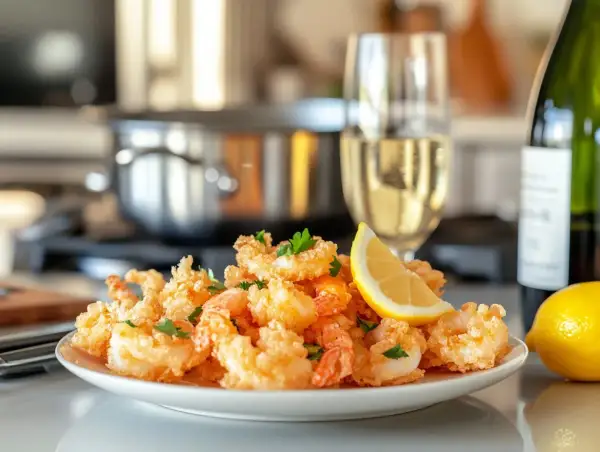 En tallrik med krispig prawn tempura, garnerad med citron och persilja, bredvid ett glas vitt vin och en flaska.